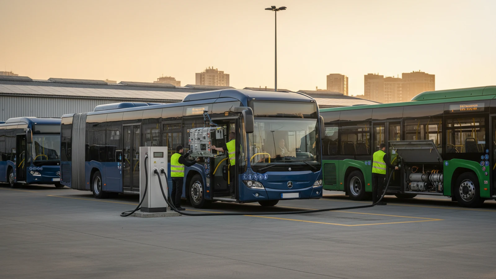Ilustración editorial conceptual sin marca de hydrogen alt fuels, electrification batteries aplicada a autobuses autocares, infraestructuras ciudades, centrada en una acción profesional real.