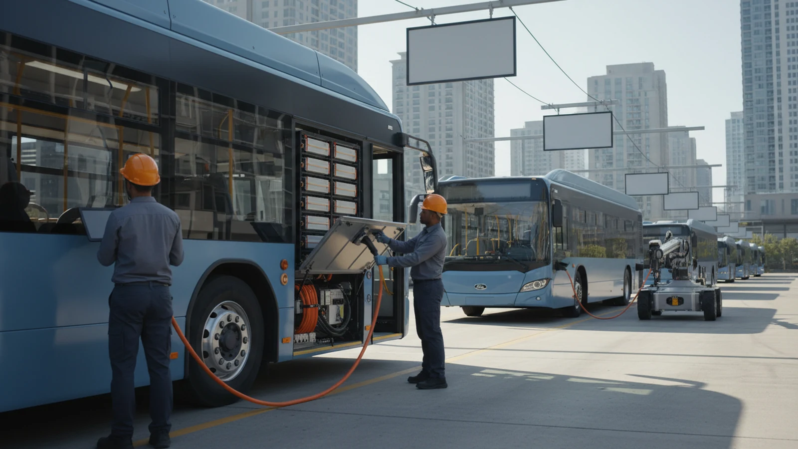 Ilustración editorial conceptual sin marca de electrification batteries, autonomous adas, ai automation, digital regulation standards aplicada a autobuses autocares, infraestructuras ciudades, centrada en una acción profesional real.