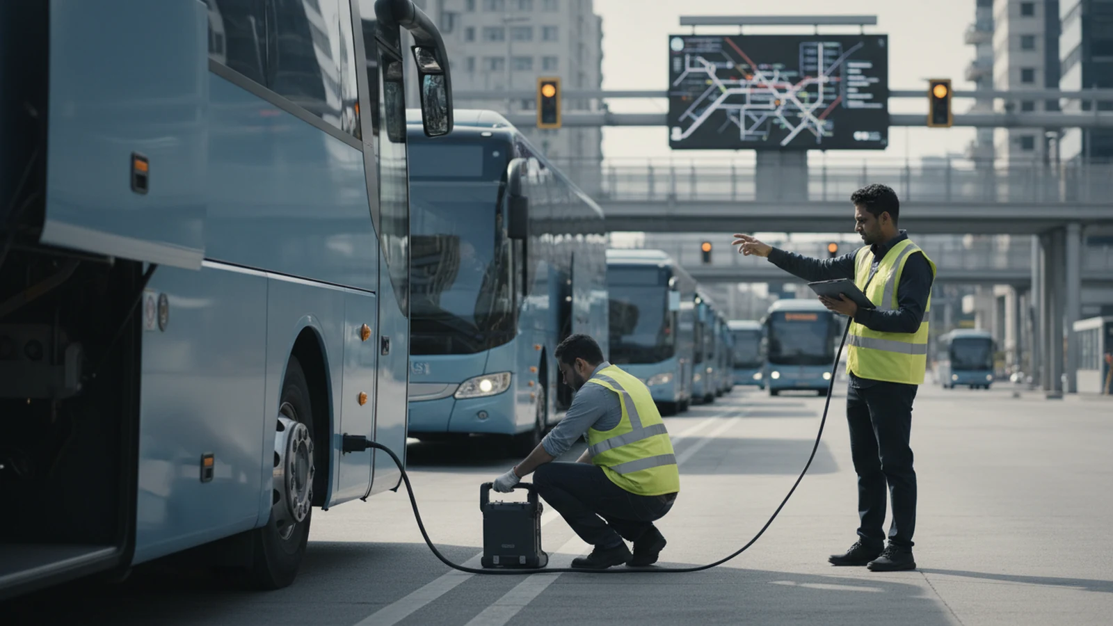 Ilustración editorial conceptual sin marca de fleet software telematics, connected v2x its aplicada a autobuses autocares, infraestructuras ciudades, centrada en una acción profesional real.