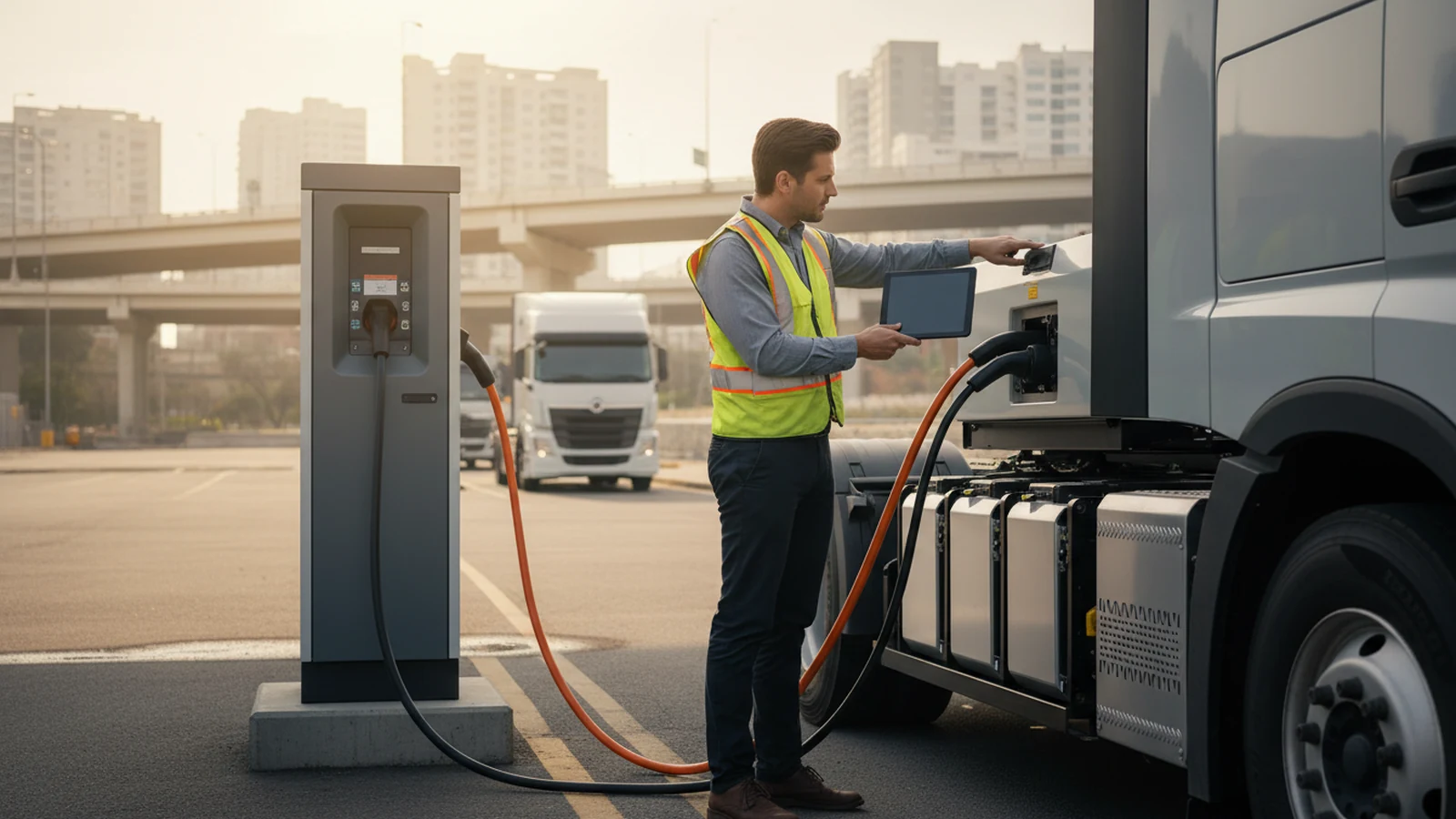 Ilustración editorial conceptual sin marca de electrification batteries, fleet software telematics aplicada a camiones logistica, infraestructuras ciudades, centrada en una acción profesional real.