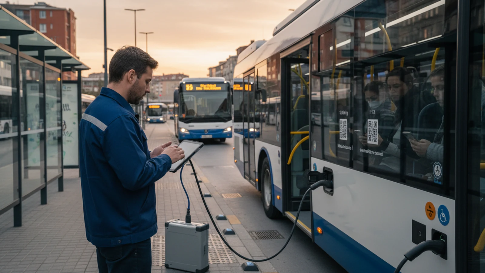 Ilustración editorial conceptual sin marca de ticketing maas demand, smart mobility cities aplicada a autobuses autocares, flotas municipales especiales, infraestructuras ciudades, centrada en una acción profesional real.