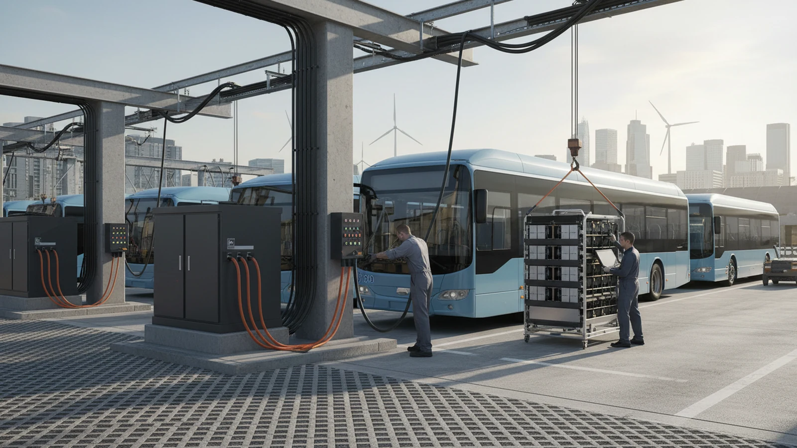 Ilustración editorial conceptual sin marca de charging infrastructure, electrification batteries aplicada a autobuses autocares, infraestructuras ciudades, centrada en una acción profesional real.