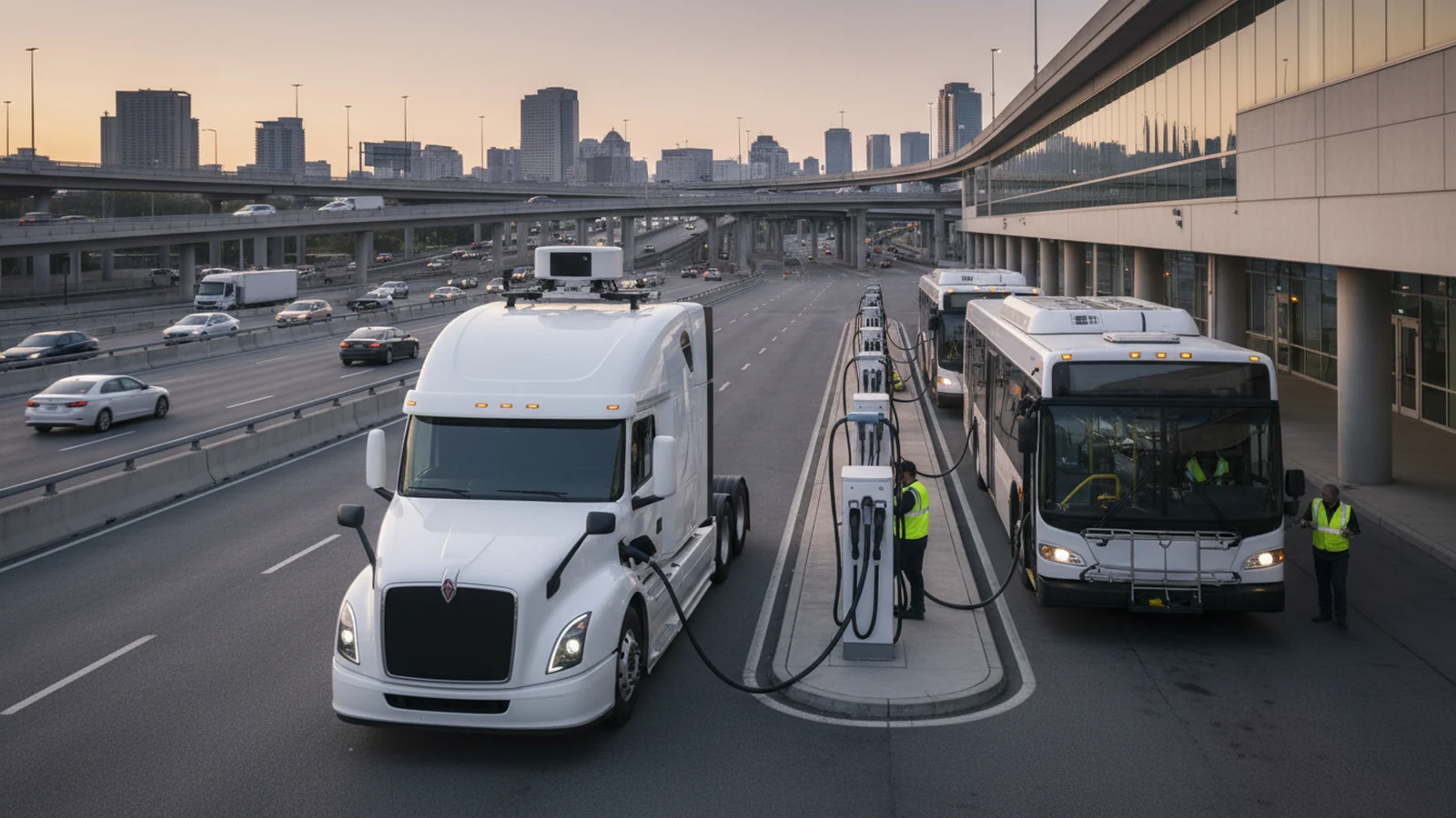 Ilustración editorial conceptual sin marca de charging infrastructure, autonomous adas, electrification batteries aplicada a camiones logistica, autobuses autocares, infraestructuras ciudades, transversal, centrada en una acción profesional real.